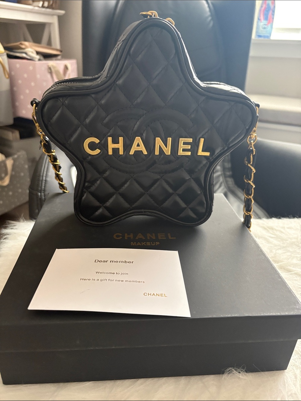 NIB Chanel Beauté Black Quilted Star MakeUp Cosmetic Bag Vegan Leather Crossbody